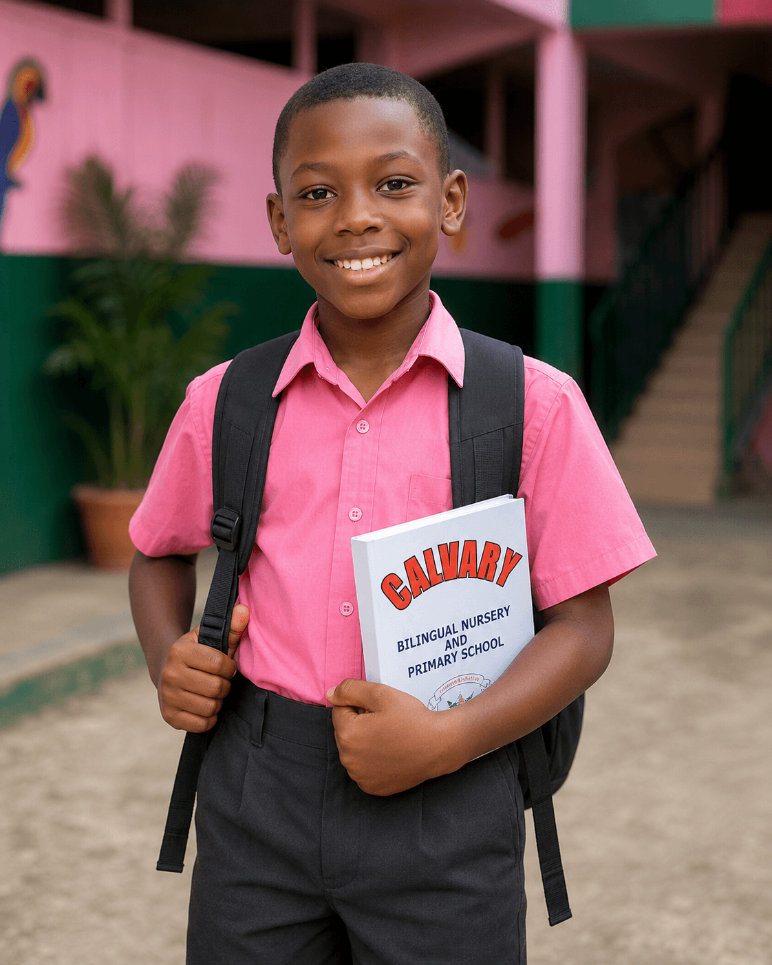 A Calvary student smiling at the school entrance