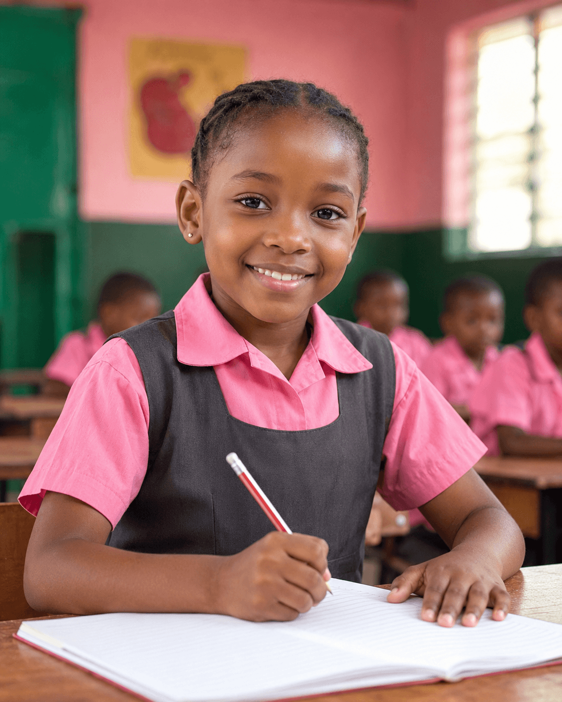 A Calvary student smiling while writing in her notebook in class