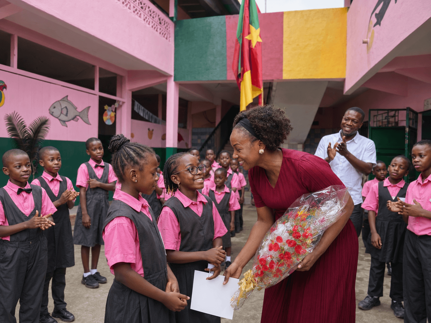 A Calvary school leader presenting flowers to students during a community celebration