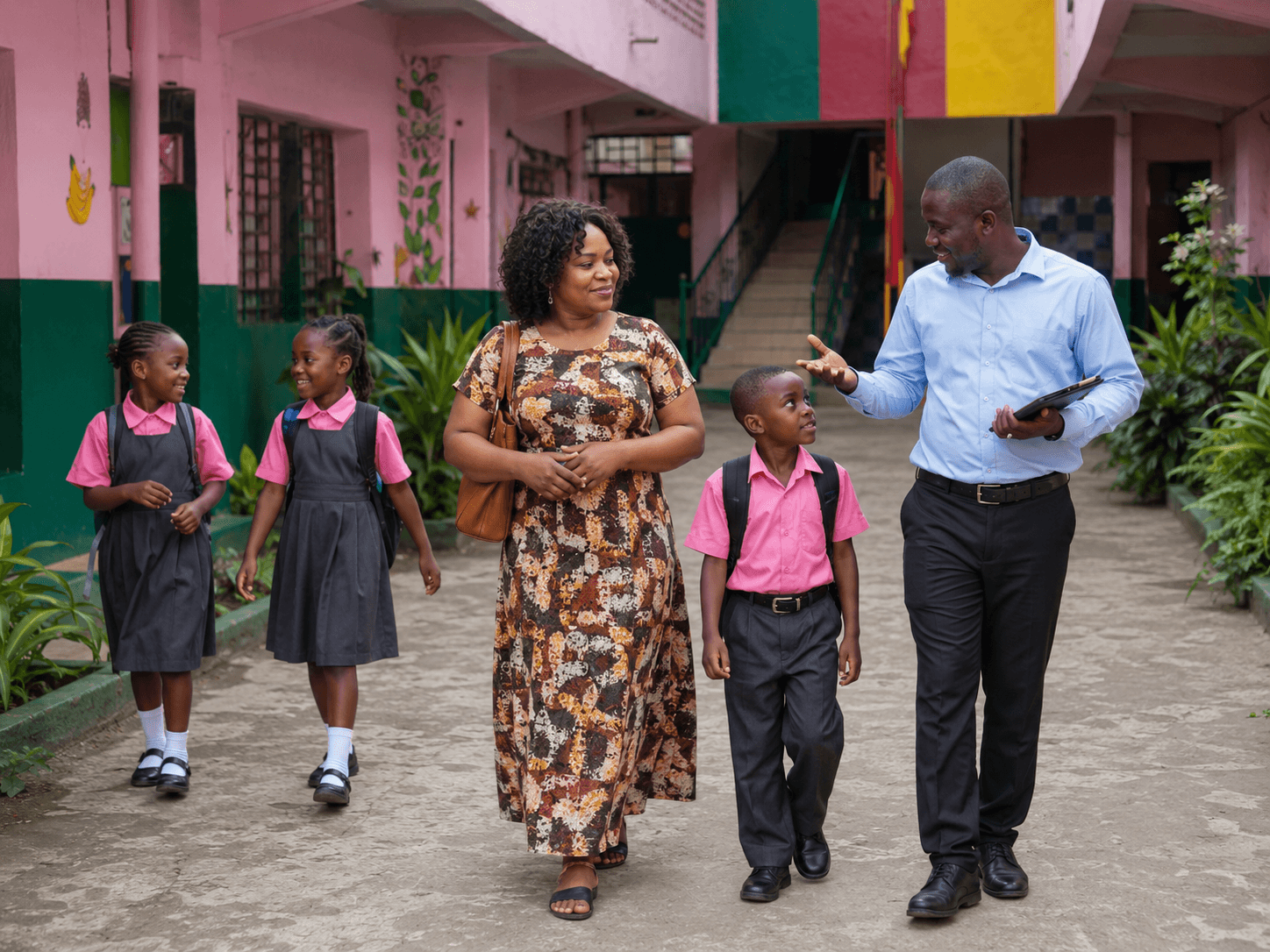 A teacher and school leader walking a parent and child safely across the Calvary campus